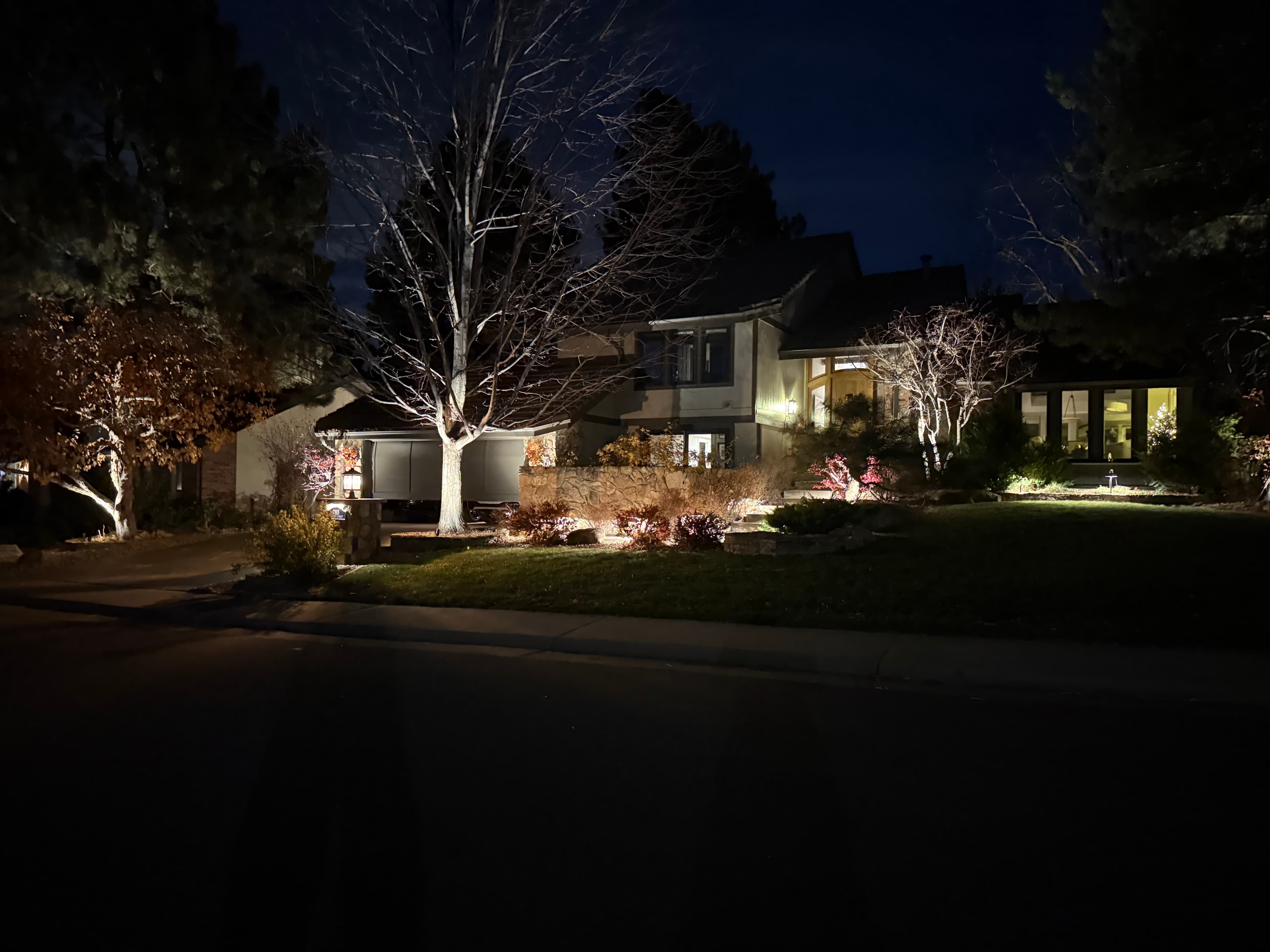 Suburban house at night with landscape lighting illuminating bare trees and a manicured front lawn.